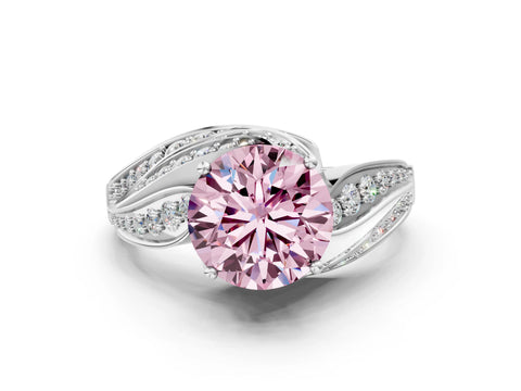 White gold Fancy Pink Round Cut Diamond Solitaire Ring with Prong Setting and Twisted Pavé Band