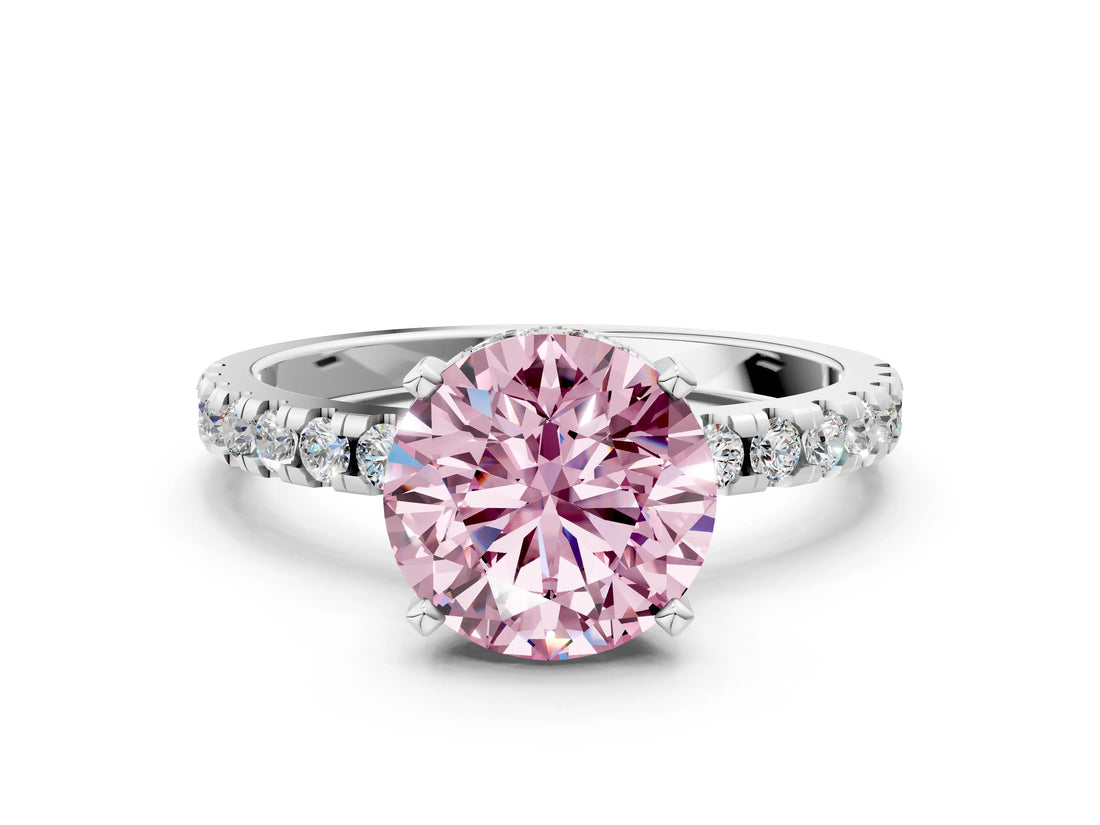 White gold Fancy Pink Round Cut Diamond Solitaire Ring with Round  Pavé Band and Four-Prong Setting_84
