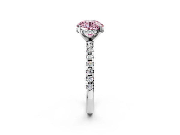 White Gold Round Hidden Halo Solitaire Engagement Ring Setting for Fancy Pink Center with Single Row Pave Band