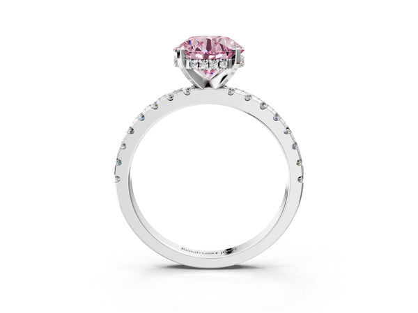 White Gold Round Hidden Halo Solitaire Engagement Ring Setting for Fancy Pink Center with Single Row Pave Band