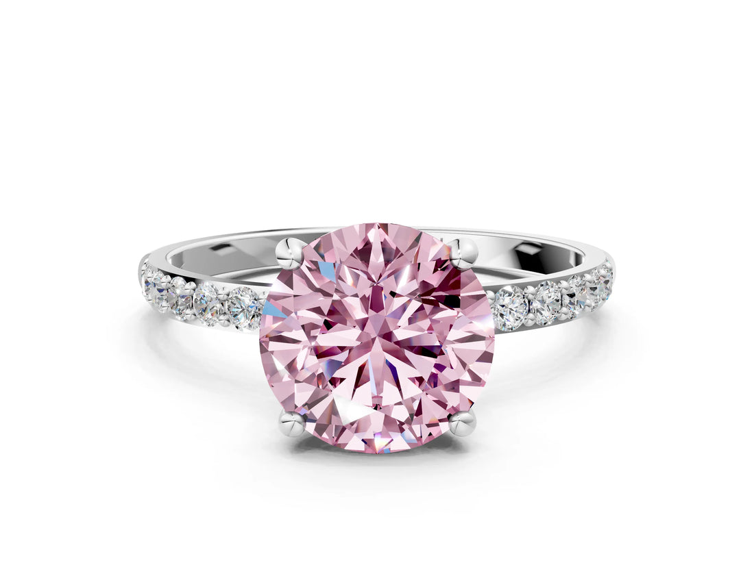 White gold Fancy Pink Round Cut Diamond Solitaire Ring with Round  Pavé Band and Prong Setting_76