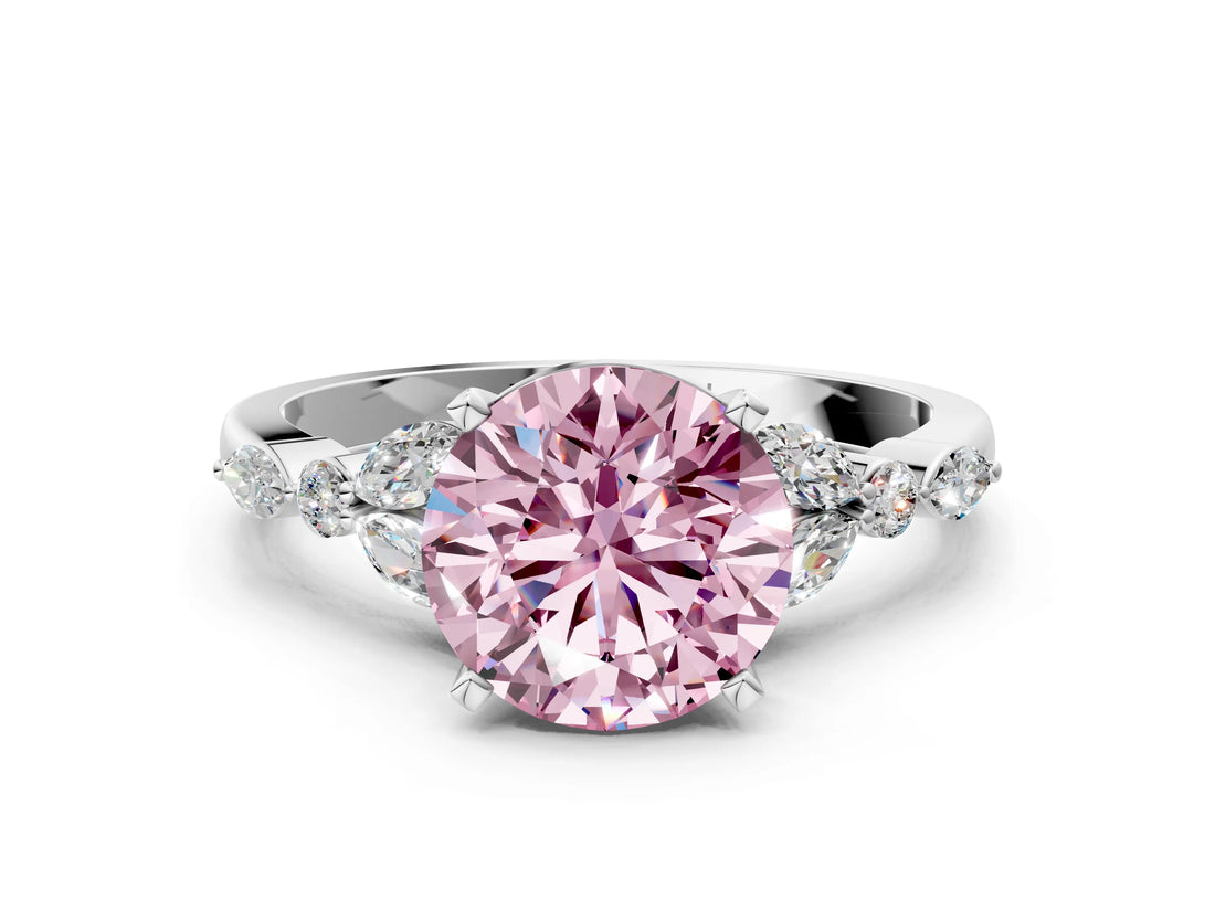 White gold Fancy Pink Round Cut Diamond Solitaire Ring with Side Stones and Four-Prong Setting_42