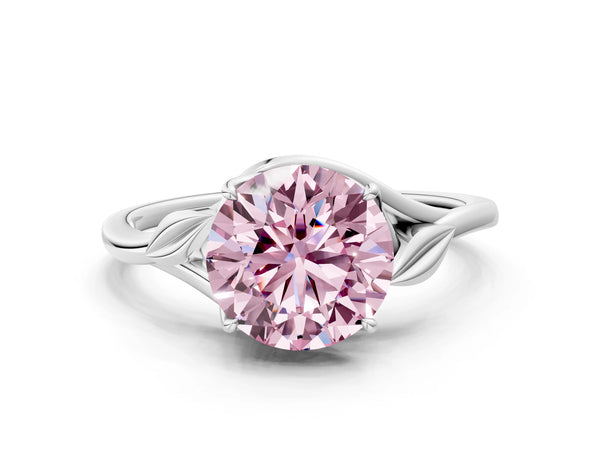 Platinum Fancy Pink Round Cut Diamond Solitaire Ring with Twist Band and Four-Prong Setting