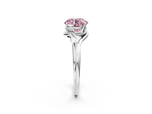 Platinum Fancy Pink Round Cut Diamond Solitaire Ring with Twist Band and Four-Prong Setting