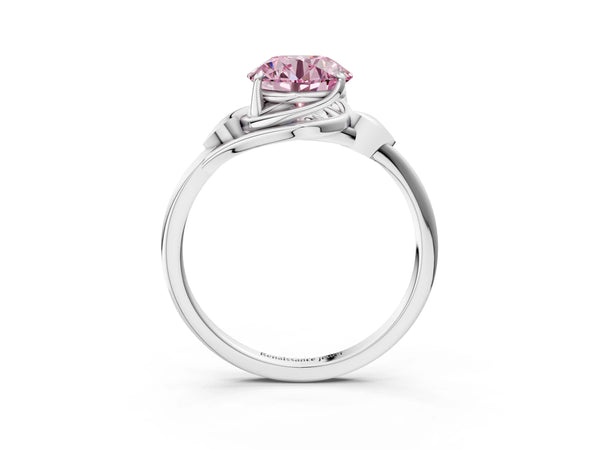 Platinum Fancy Pink Round Cut Diamond Solitaire Ring with Twist Band and Four-Prong Setting