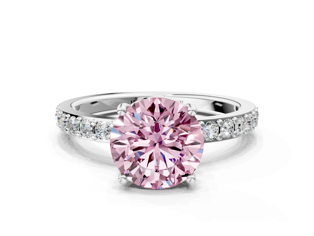 White gold Fancy Pink Round  Cut Diamond Solitaire with Pave Band and Four-Prong Setting 6