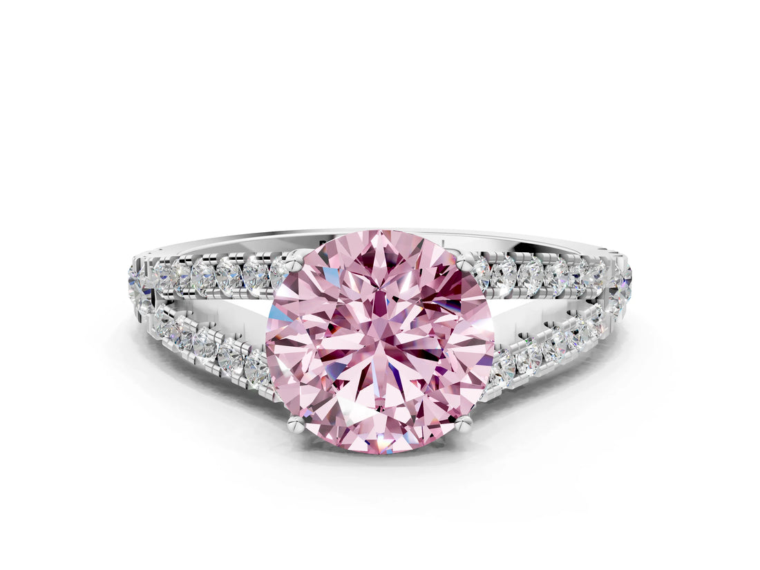 White gold Fancy Pink Round Cut Diamond Split Shank Pavé Engagement Ring with Four-Prong Setting_29