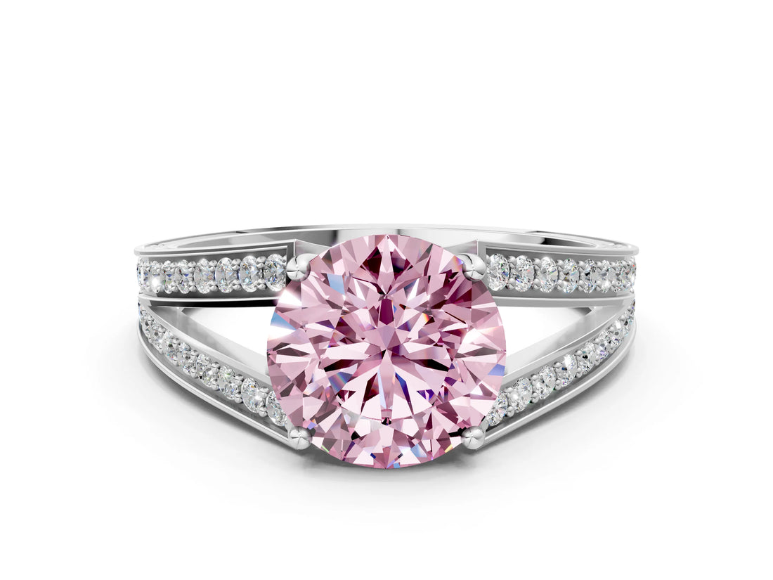 White gold Fancy Pink Round Cut Diamond Split Shank Ring with Pavé Band and Four-Prong Setting_56
