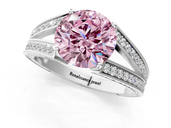 Platinum Round Pave Split Shank Engagement Ring Setting for Fancy Pink Center with Engraved Sides