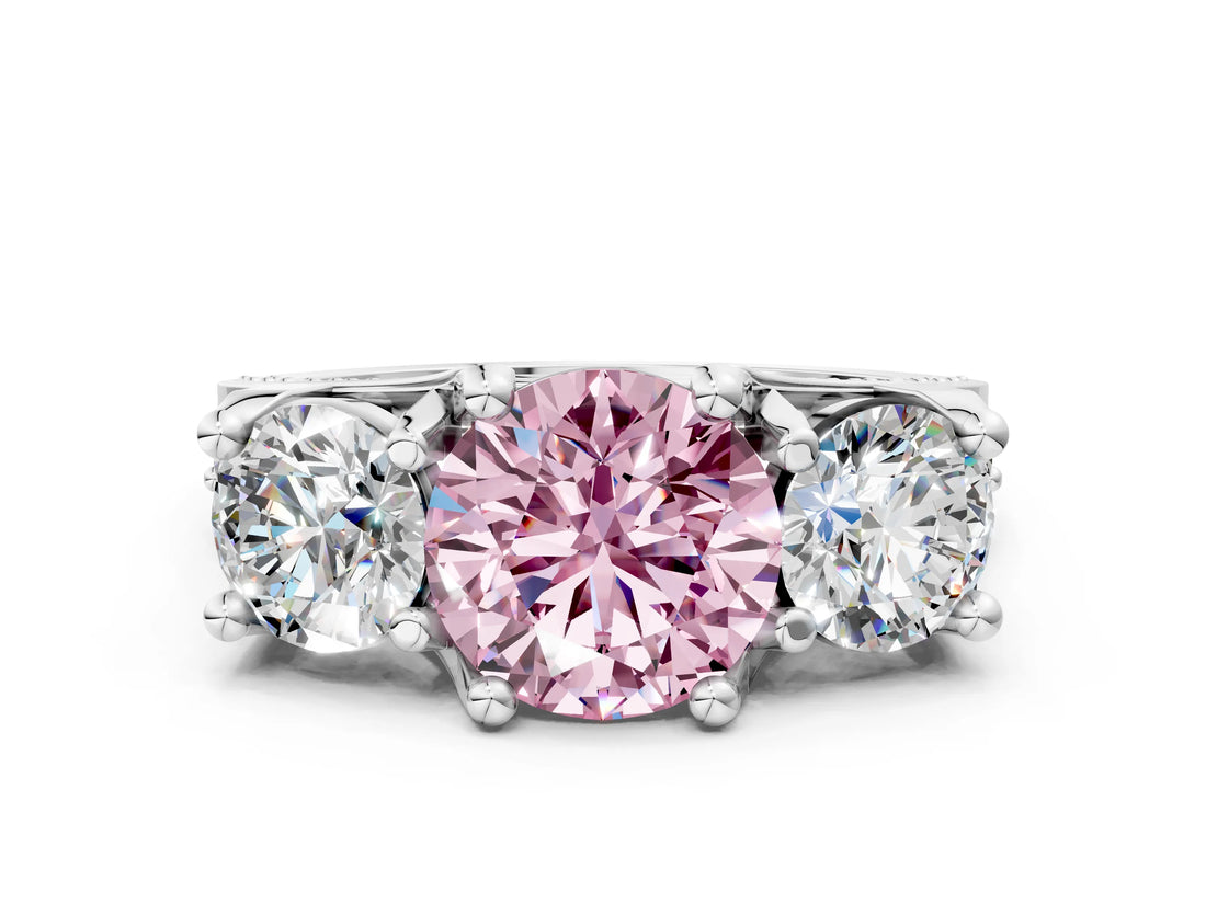 White gold Fancy Pink Round Cut Diamond Three-Stone Ring with Channel Set Band and Four-Prong Setting_45