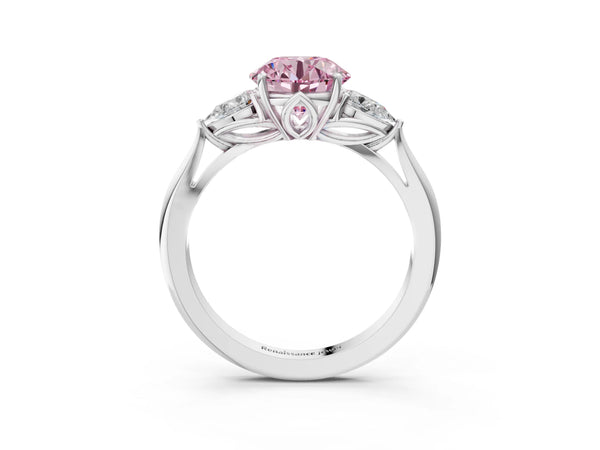 Sterling Silver Round Three Stone Pear Side Engagement Ring Setting for Fancy Pink Center