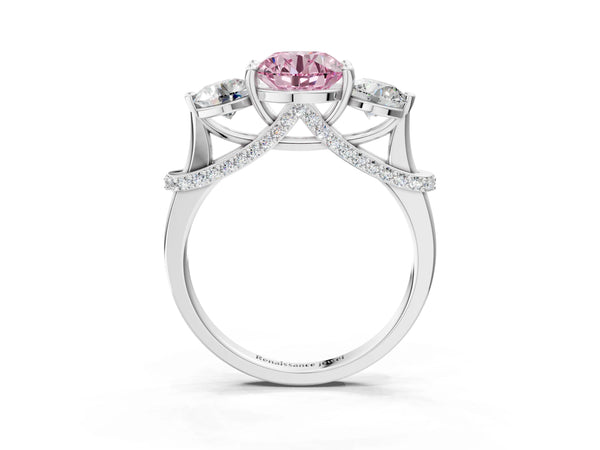 White Gold Round Curved Pave Three Stone Engagement Ring Setting for Fancy Pink Center