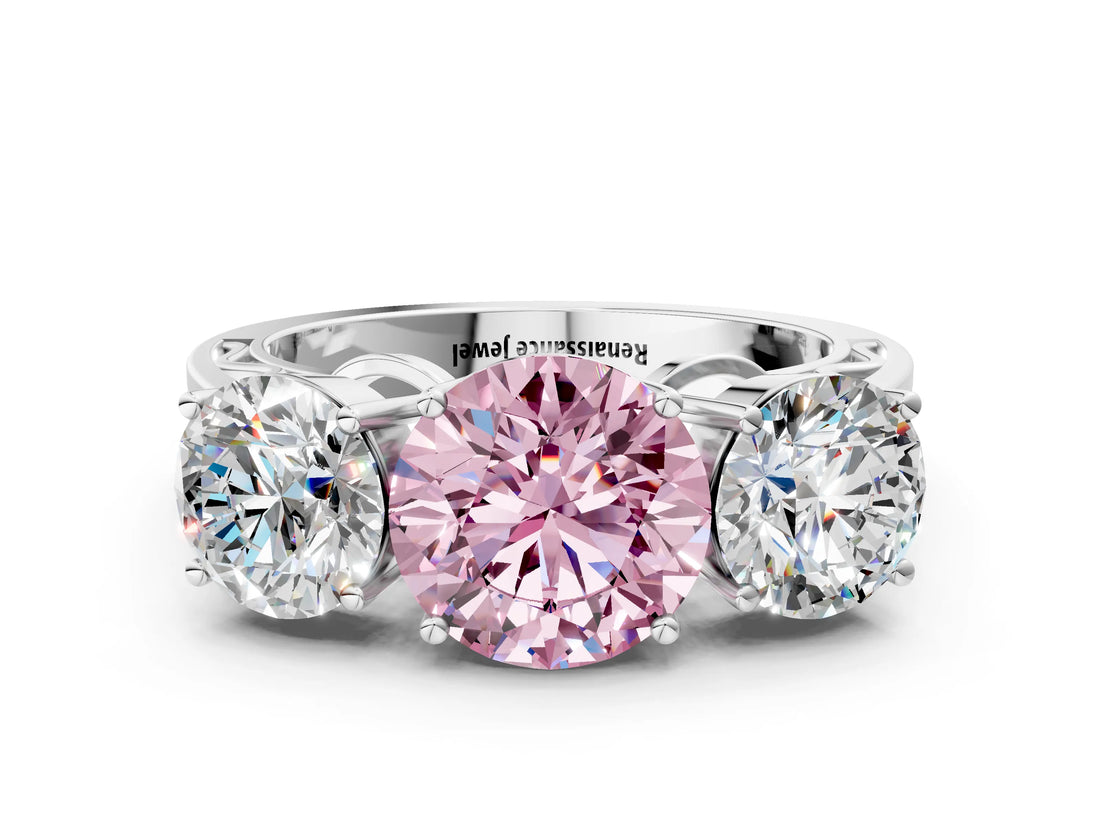 White gold Fancy Pink Round Cut Diamond Three-Stone Ring with Prong Setting and Textured Band_12