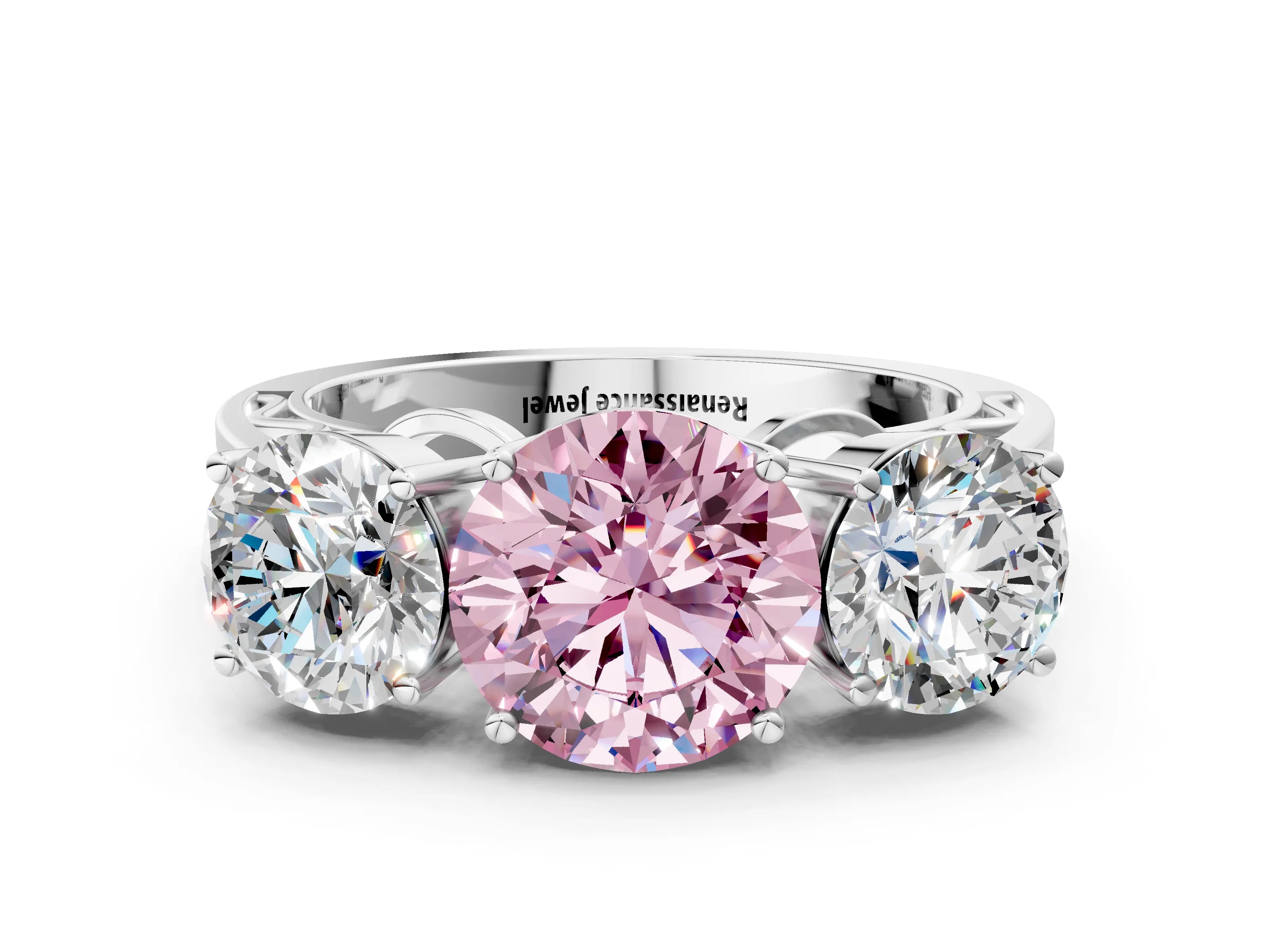 White gold Fancy Pink Round Cut Diamond Three-Stone Ring with Prong Setting and Textured Band_12