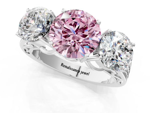 White gold Fancy Pink Round Cut Diamond Three-Stone Ring with Prong Setting and Textured Band