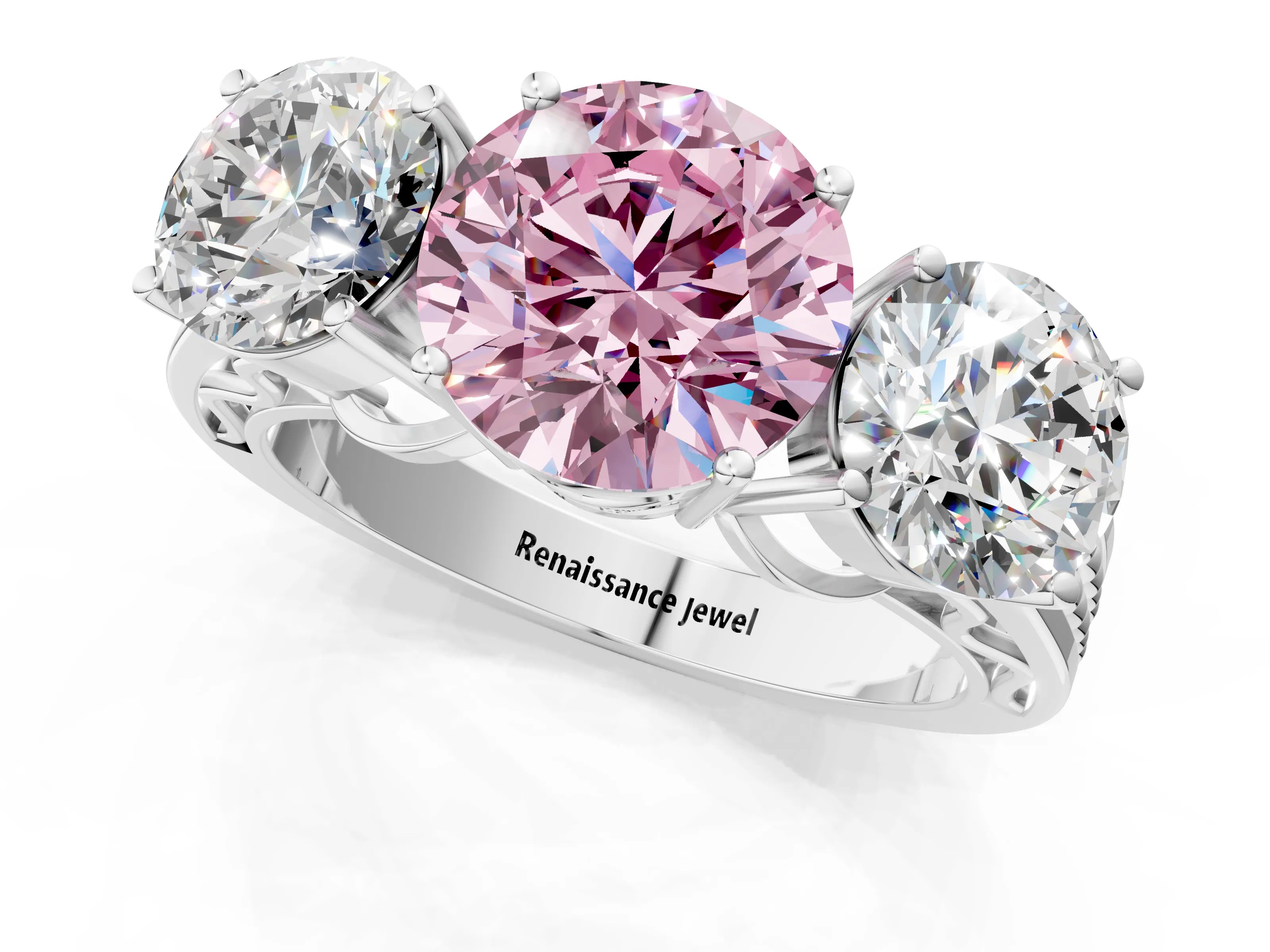 White gold Fancy Pink Round Cut Diamond Three-Stone Ring with Prong Setting and Textured Band_13