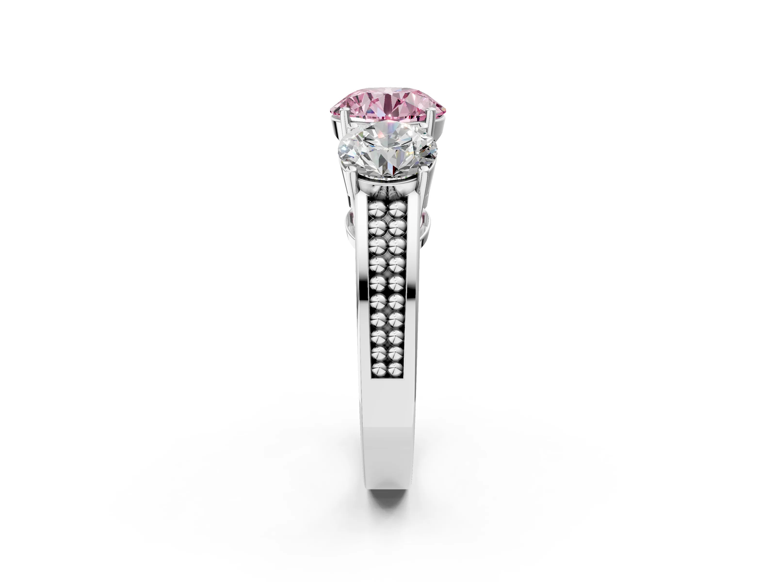 White gold Fancy Pink Round Cut Diamond Three-Stone Ring with Prong Setting and Textured Band_14