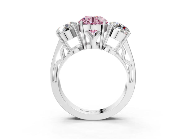 White gold Fancy Pink Round Cut Diamond Three-Stone Ring with Prong Setting and Textured Band
