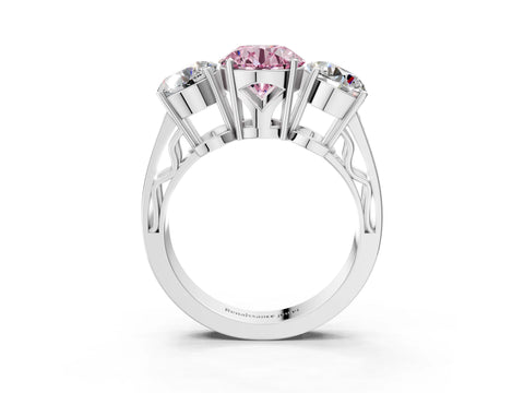 White gold Fancy Pink Round Cut Diamond Three-Stone Ring with Prong Setting and Textured Band_15