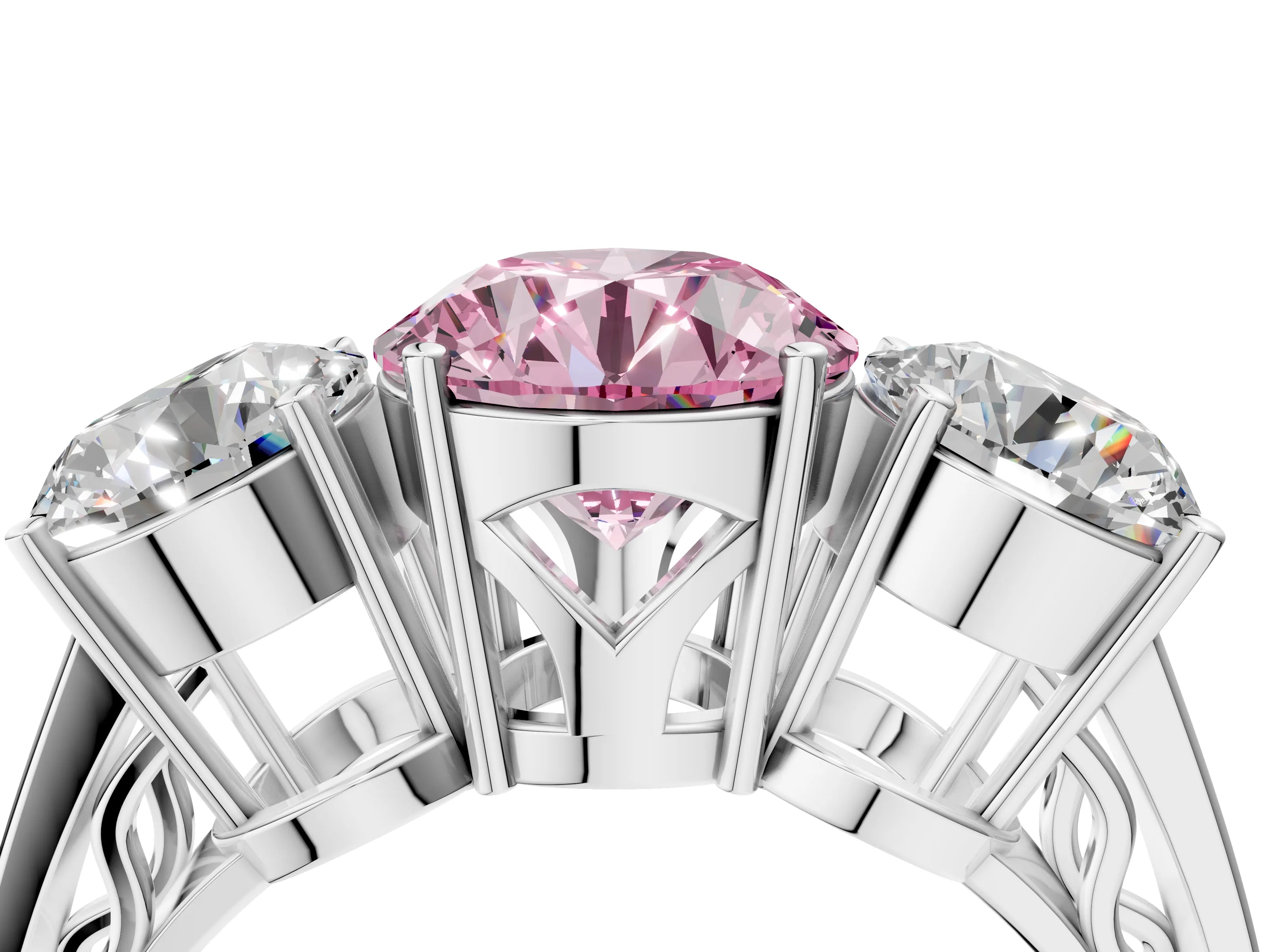 White gold Fancy Pink Round Cut Diamond Three-Stone Ring with Prong Setting and Textured Band_16
