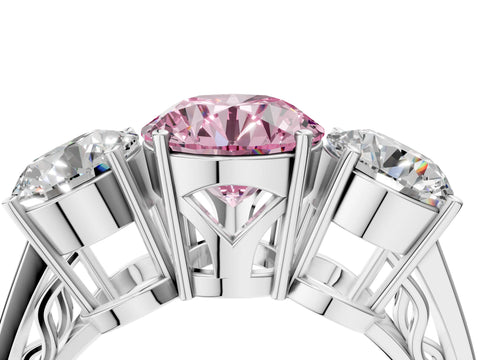 White gold Fancy Pink Round Cut Diamond Three-Stone Ring with Prong Setting and Textured Band_16