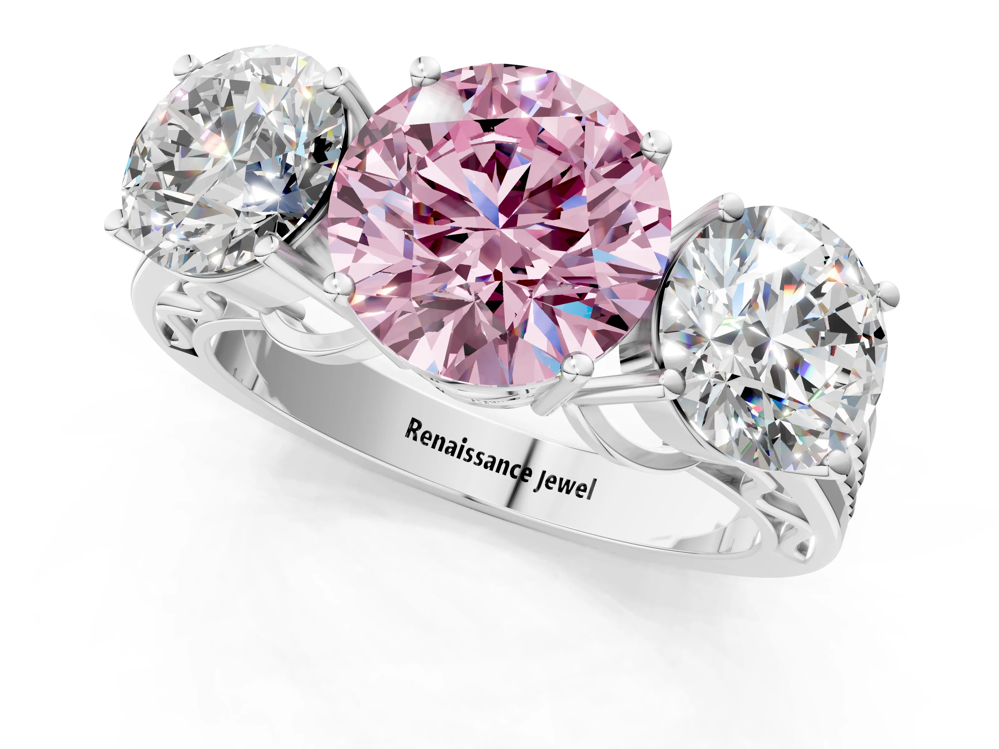 White gold Fancy Pink Round Cut Diamond Three-Stone Ring with Prong Setting and Textured Band_1