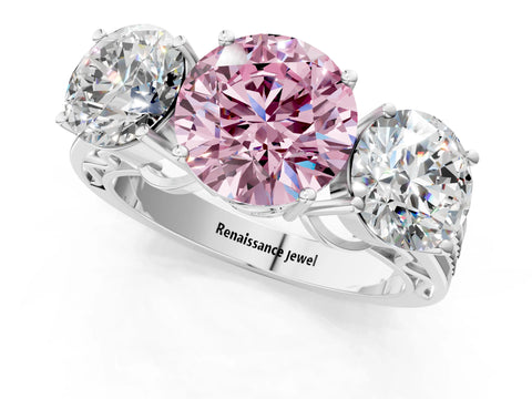 White gold Fancy Pink Round Cut Diamond Three-Stone Ring with Prong Setting and Textured Band_1