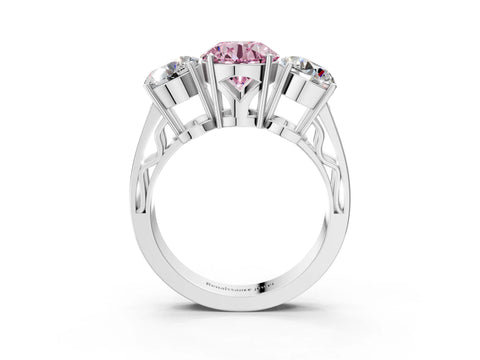 White gold Fancy Pink Round Cut Diamond Three-Stone Ring with Prong Setting and Textured Band_3