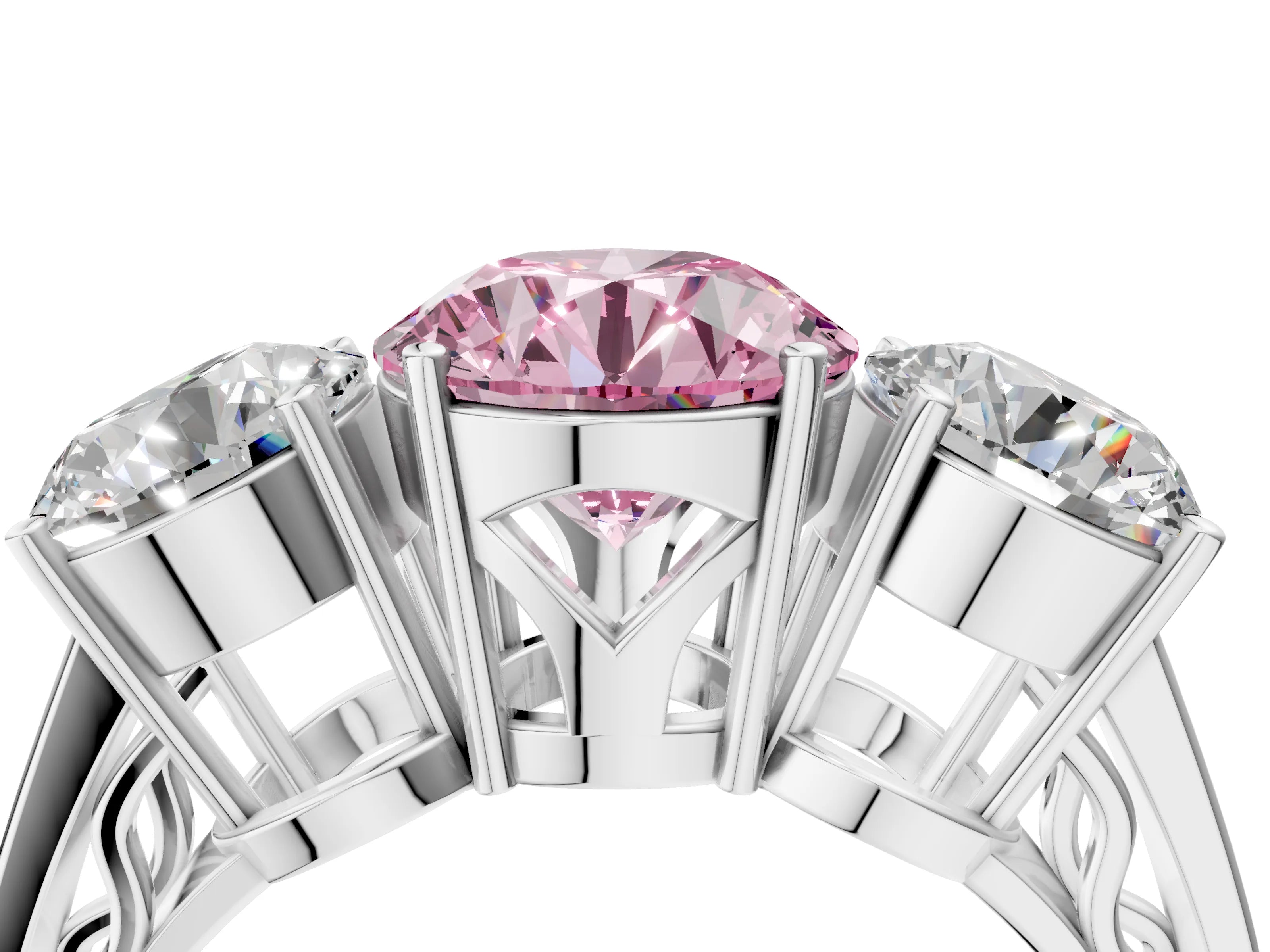 White gold Fancy Pink Round Cut Diamond Three-Stone Ring with Prong Setting and Textured Band_4