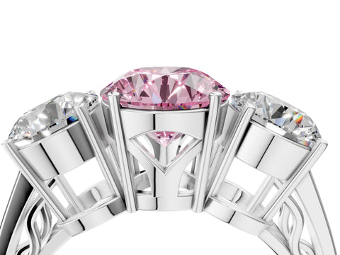 White gold Fancy Pink Round Cut Diamond Three-Stone Ring with Prong Setting and Textured Band_4