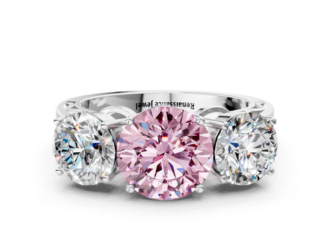 White gold Fancy Pink Round Cut Diamond Three-Stone Ring with Prong Setting and Textured Band