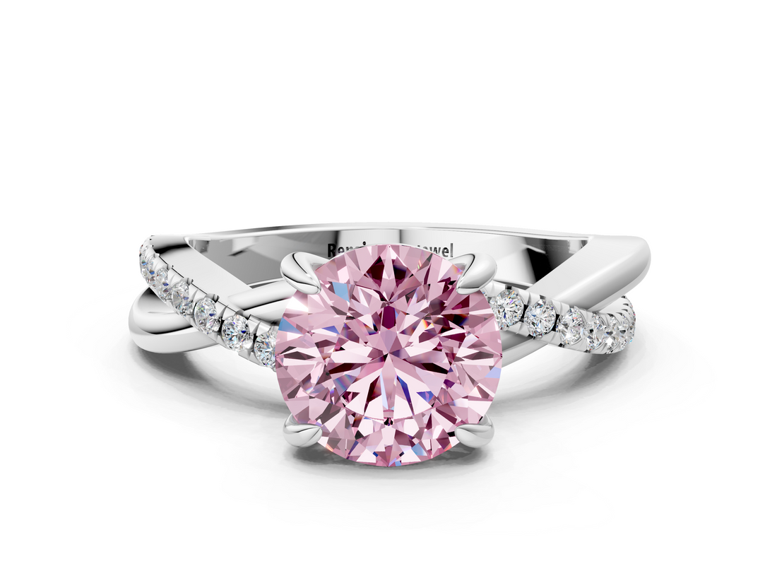 White gold Fancy Pink Round  Cut Diamond Twist Band Solitaire with Prong Setting
