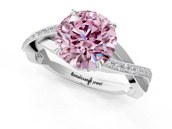 White gold Fancy Pink Round  Cut Diamond Twisted Band Engagement Ring with Prong Setting