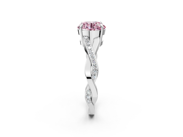 White gold Fancy Pink Round  Cut Diamond Twisted Band Engagement Ring with Prong Setting