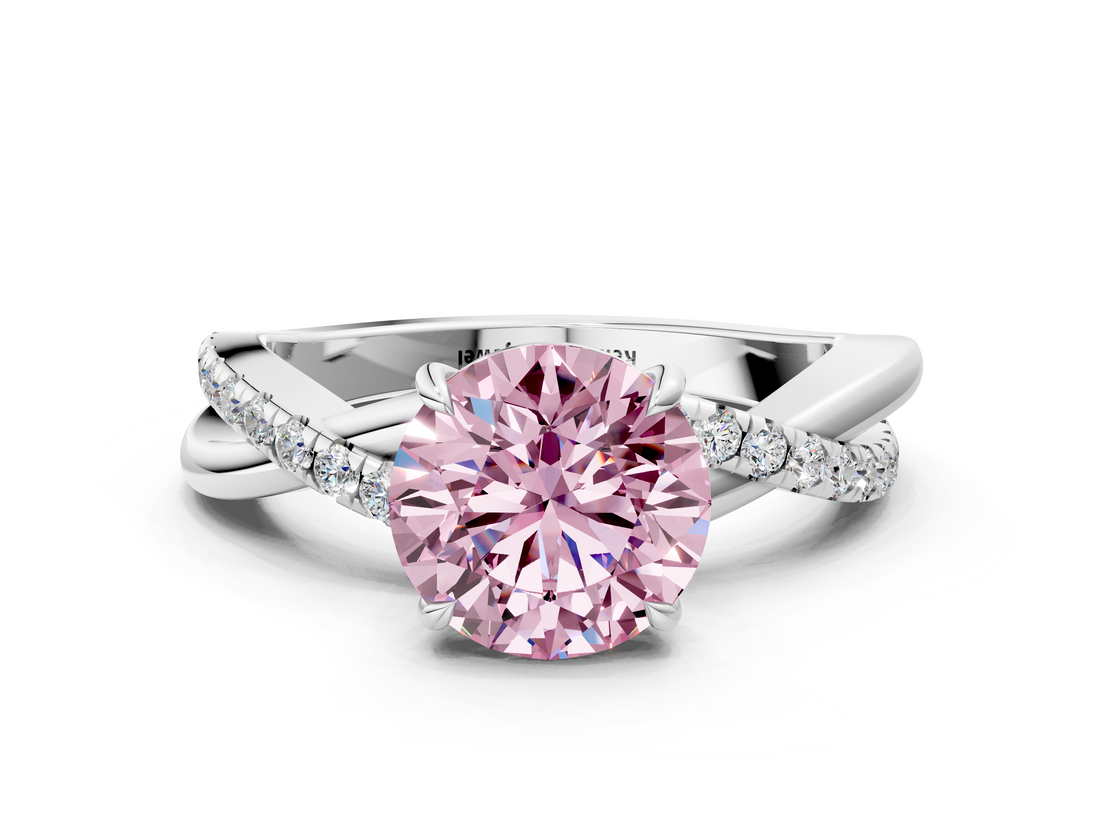 White gold Fancy Pink Round  Cut Diamond Twisted Band with Pavé Setting and Four-Prong Setting