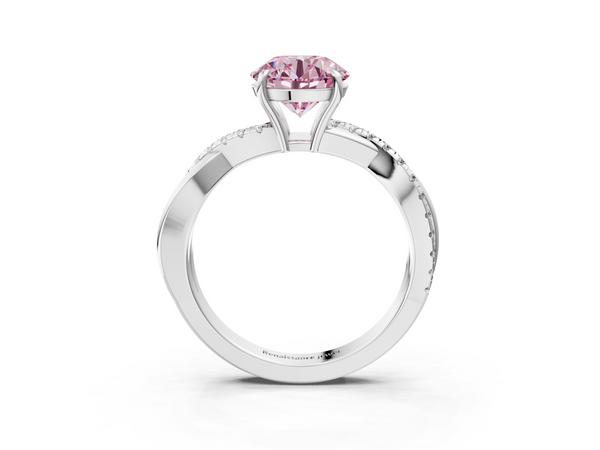 White gold Fancy Pink Round  Cut Diamond Twisted Band with Pavé Setting and Four-Prong Setting