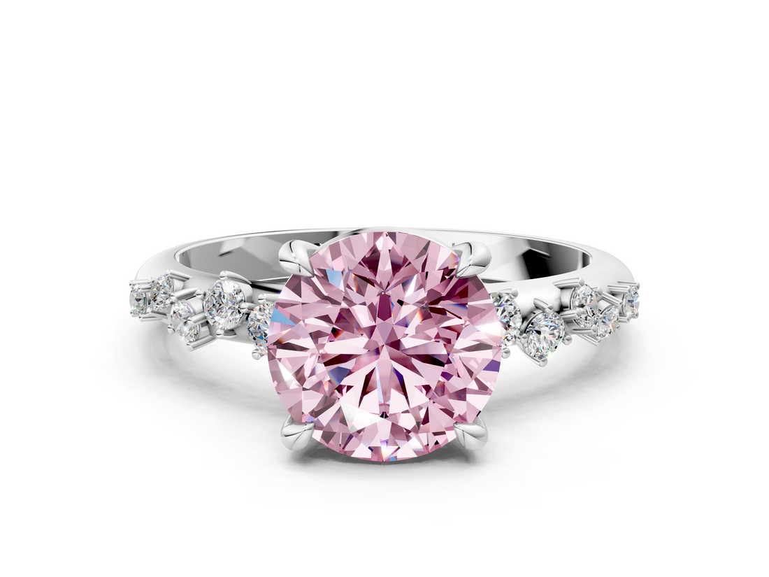 White gold Fancy Pink Round  Cut Diamond Vine Band with Four-Prong Setting