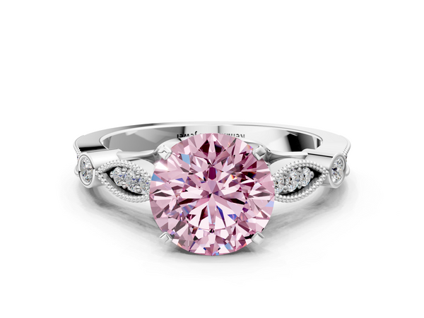 Platinum Fancy Pink Round  Cut Diamond with Milgrain Marquise and Bezel Accents on a Solitaire Band with Prong Setting