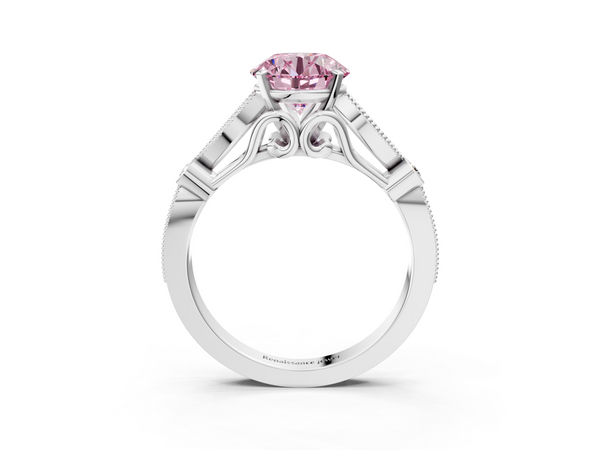 Platinum Fancy Pink Round  Cut Diamond with Milgrain Marquise and Bezel Accents on a Solitaire Band with Prong Setting