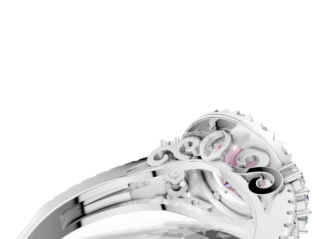 White gold Fancy Pink Round  Cut Double Halo Diamond Engagement Ring with Pave Band and Four-Prong Setting_38