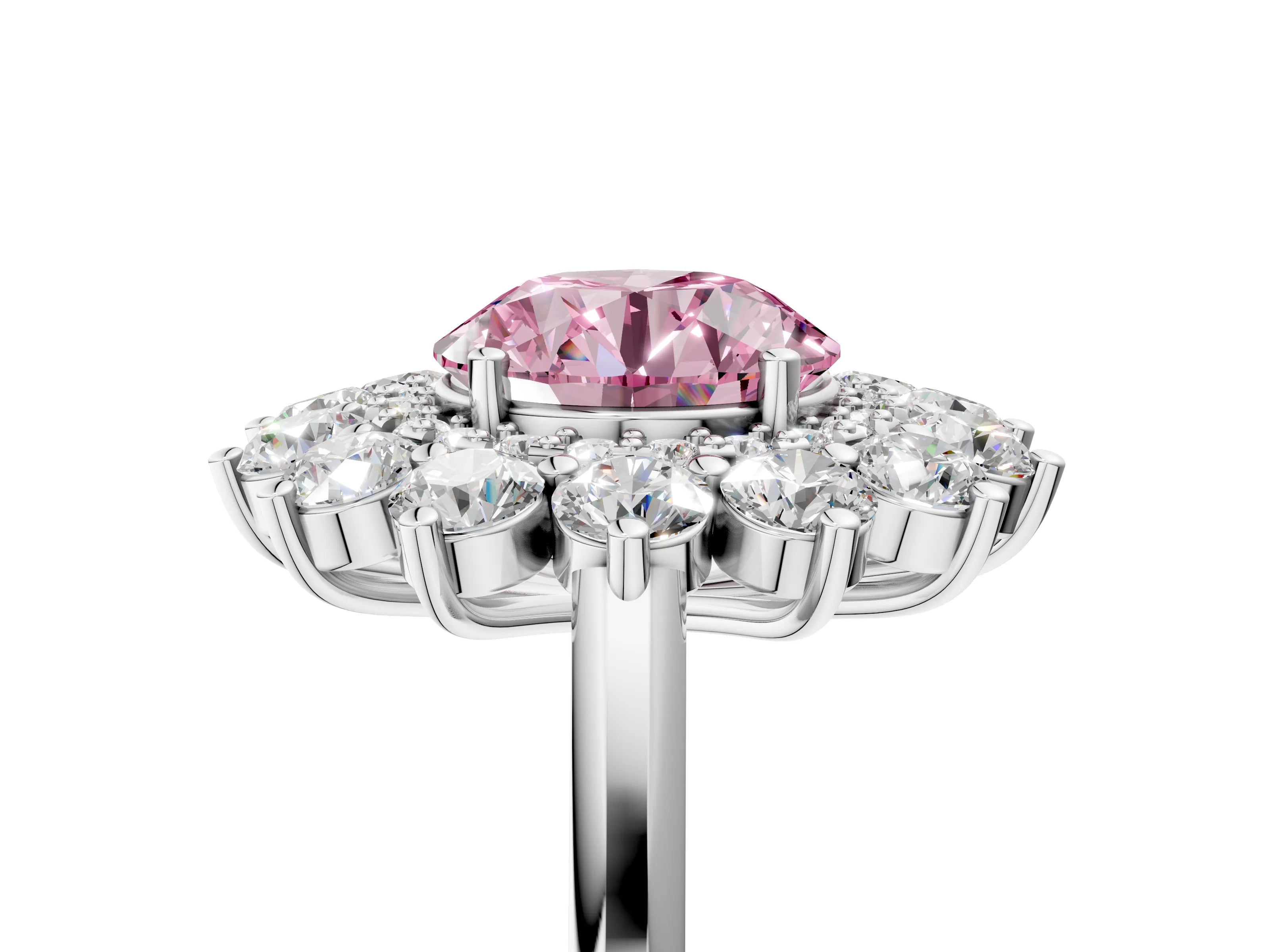 White gold Fancy Pink Round Cut Halo Cluster Diamond Ring with Pave Band and Four-Prong Setting_17