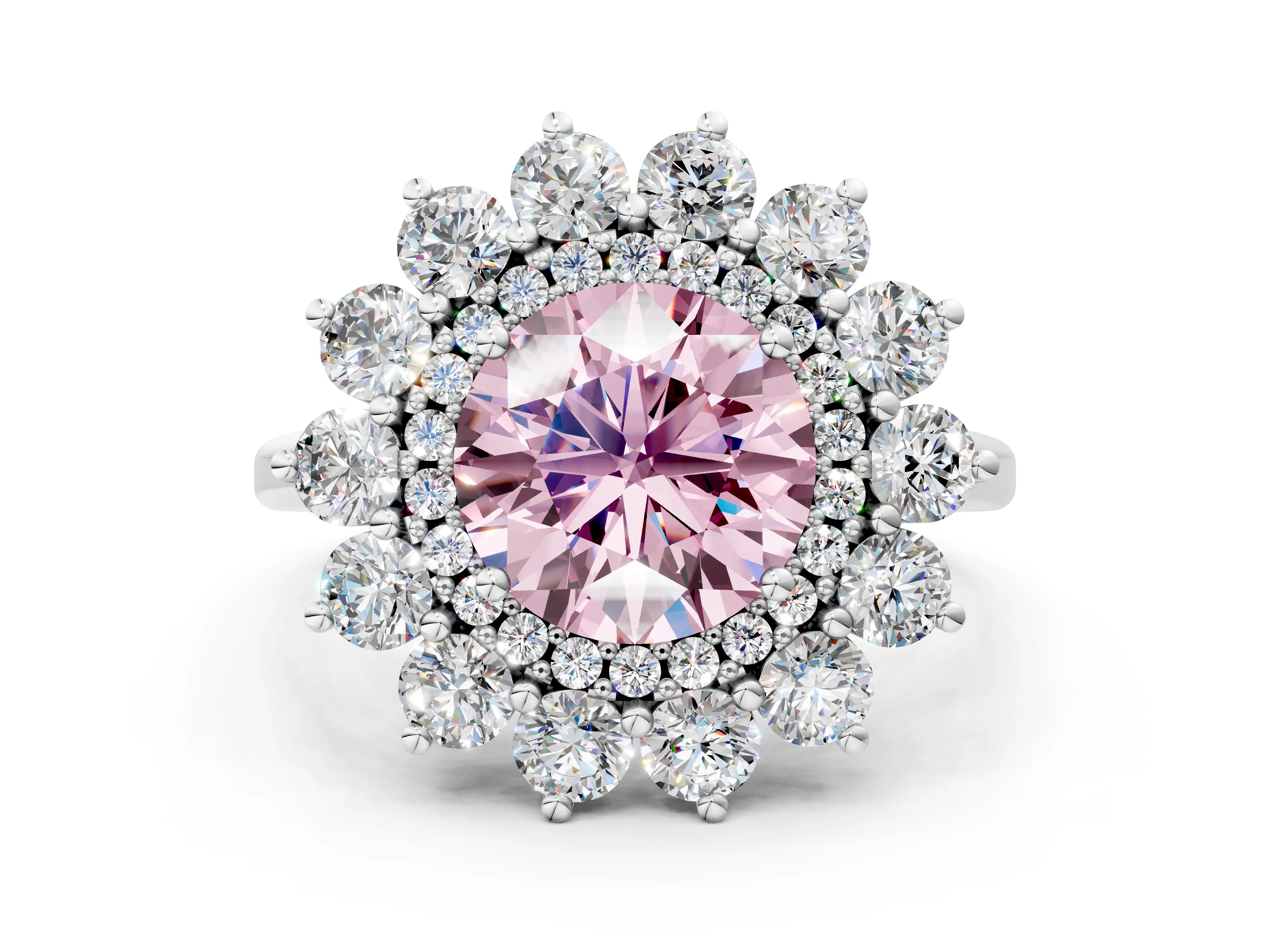 White gold Fancy Pink Round Cut Halo Cluster Diamond Ring with Pave Band and Four-Prong Setting_18