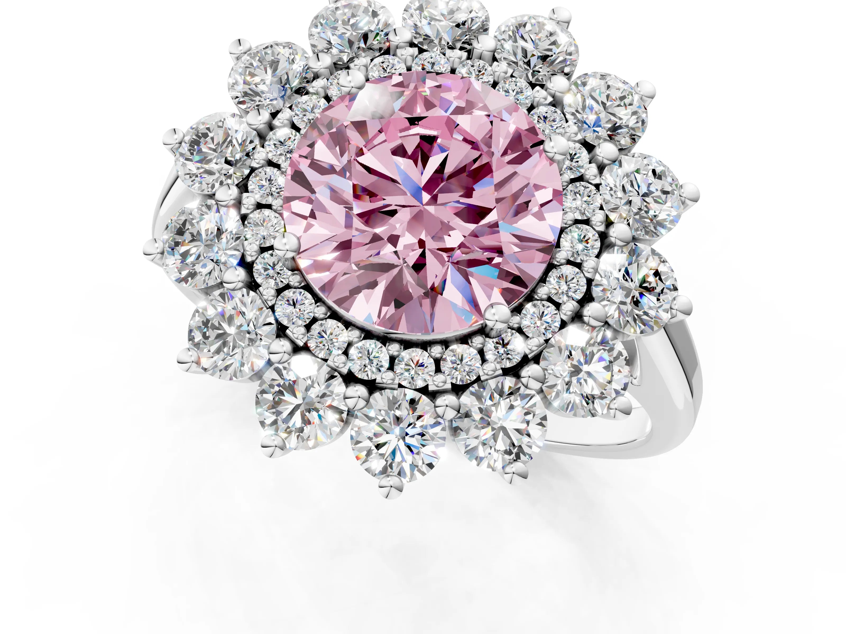 White gold Fancy Pink Round Cut Halo Cluster Diamond Ring with Pave Band and Four-Prong Setting_19