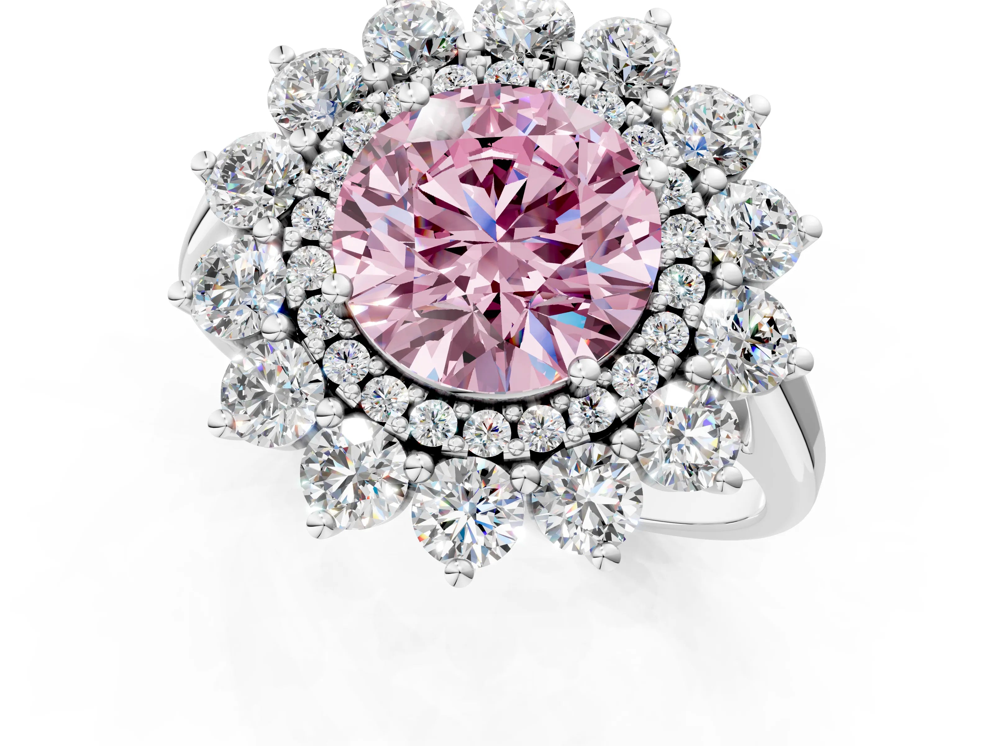 White gold Fancy Pink Round Cut Halo Cluster Diamond Ring with Pave Band and Four-Prong Setting_1