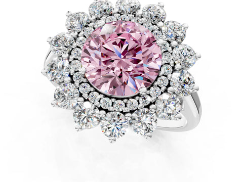White gold Fancy Pink Round Cut Halo Cluster Diamond Ring with Pave Band and Four-Prong Setting_1