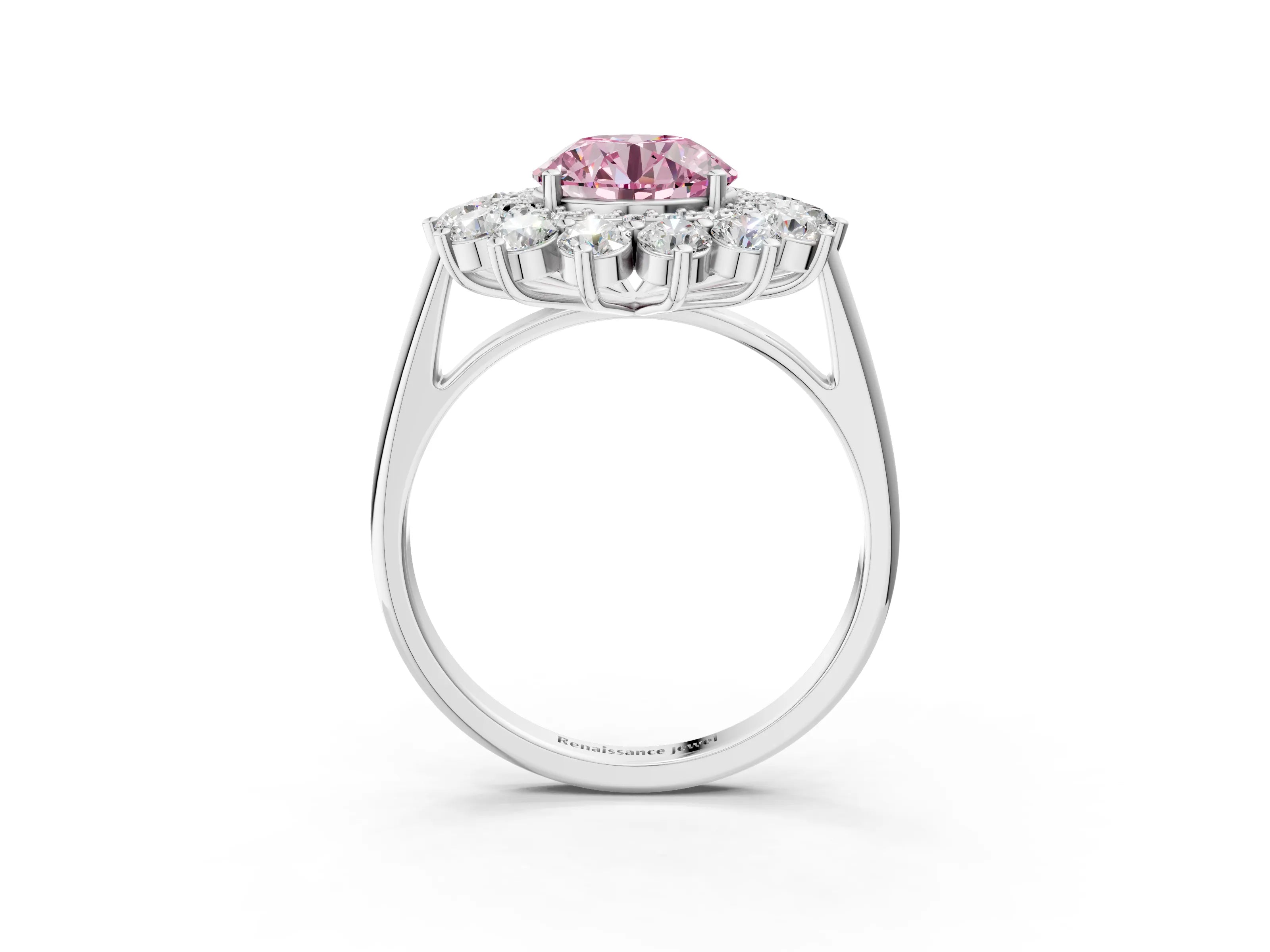 White gold Fancy Pink Round Cut Halo Cluster Diamond Ring with Pave Band and Four-Prong Setting_21
