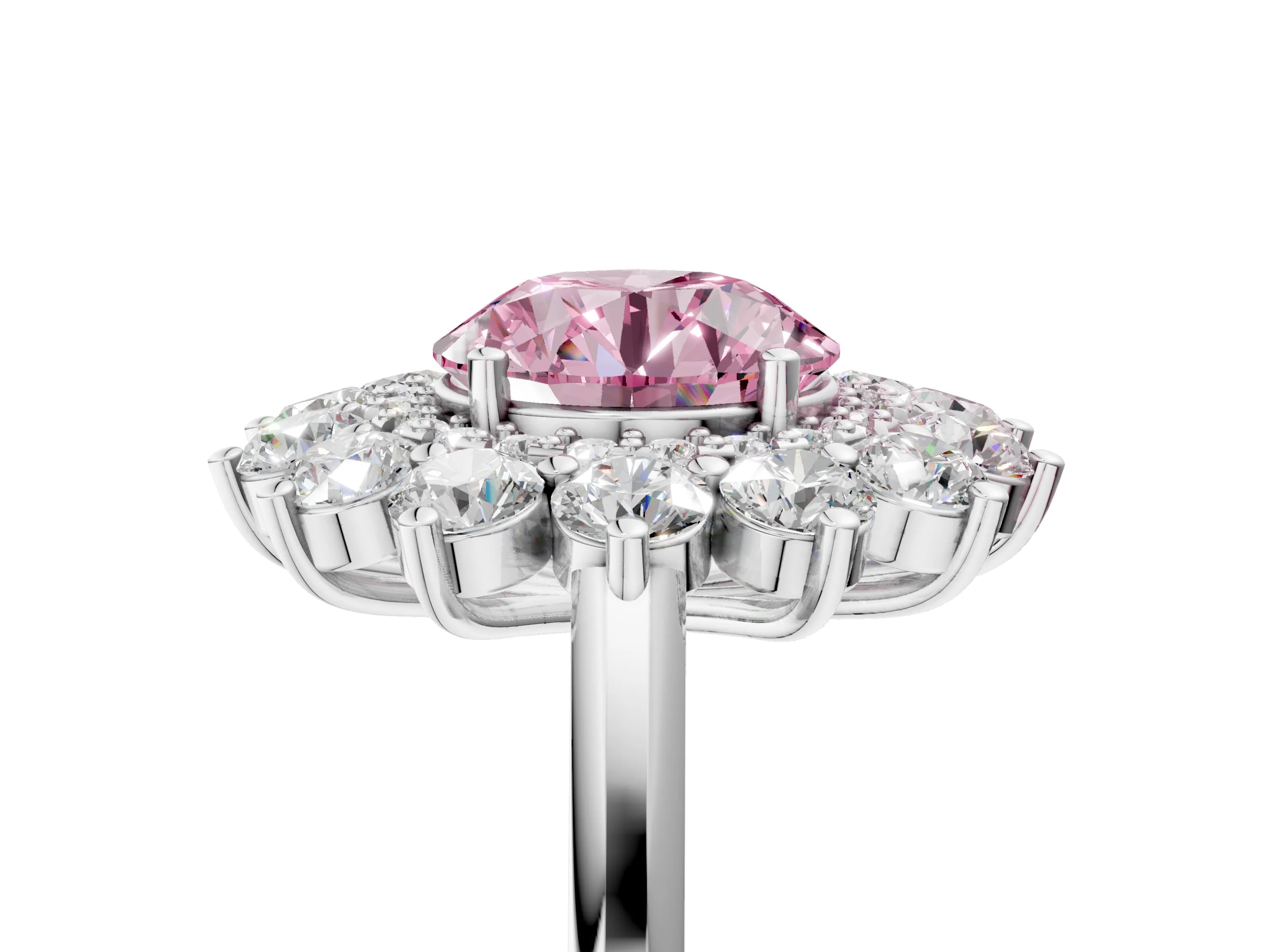 White gold Fancy Pink Round Cut Halo Cluster Diamond Ring with Pave Band and Four-Prong Setting_23