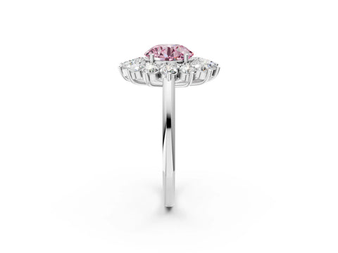 White gold Fancy Pink Round Cut Halo Cluster Diamond Ring with Pave Band and Four-Prong Setting_2