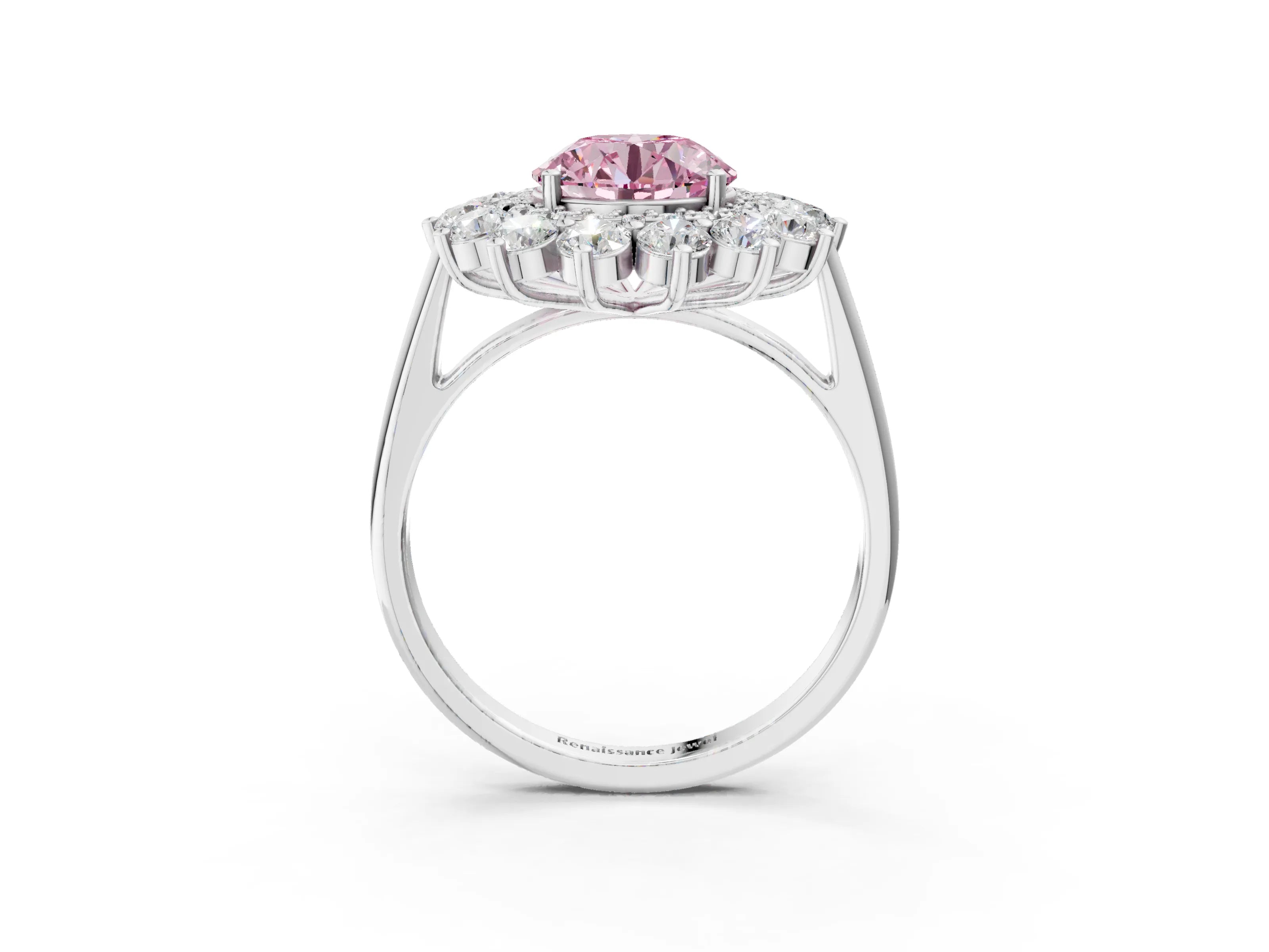 White gold Fancy Pink Round Cut Halo Cluster Diamond Ring with Pave Band and Four-Prong Setting_3