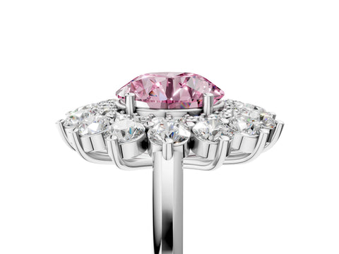 White gold Fancy Pink Round Cut Halo Cluster Diamond Ring with Pave Band and Four-Prong Setting_5